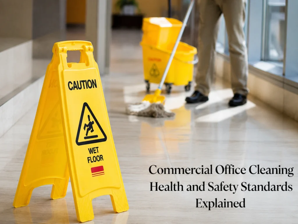 Commercial cleaner mopping office floor with wet floor caution sign for workplace health and safety standards